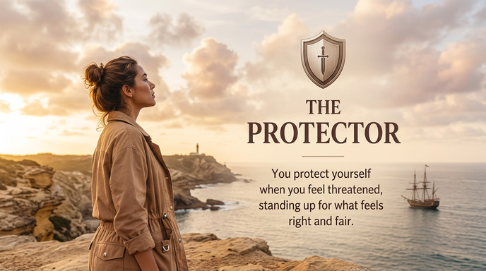 A person in a beige jacket standing in profile against a scenic coastal landscape at golden hour, with soft clouds and warm sunlight
